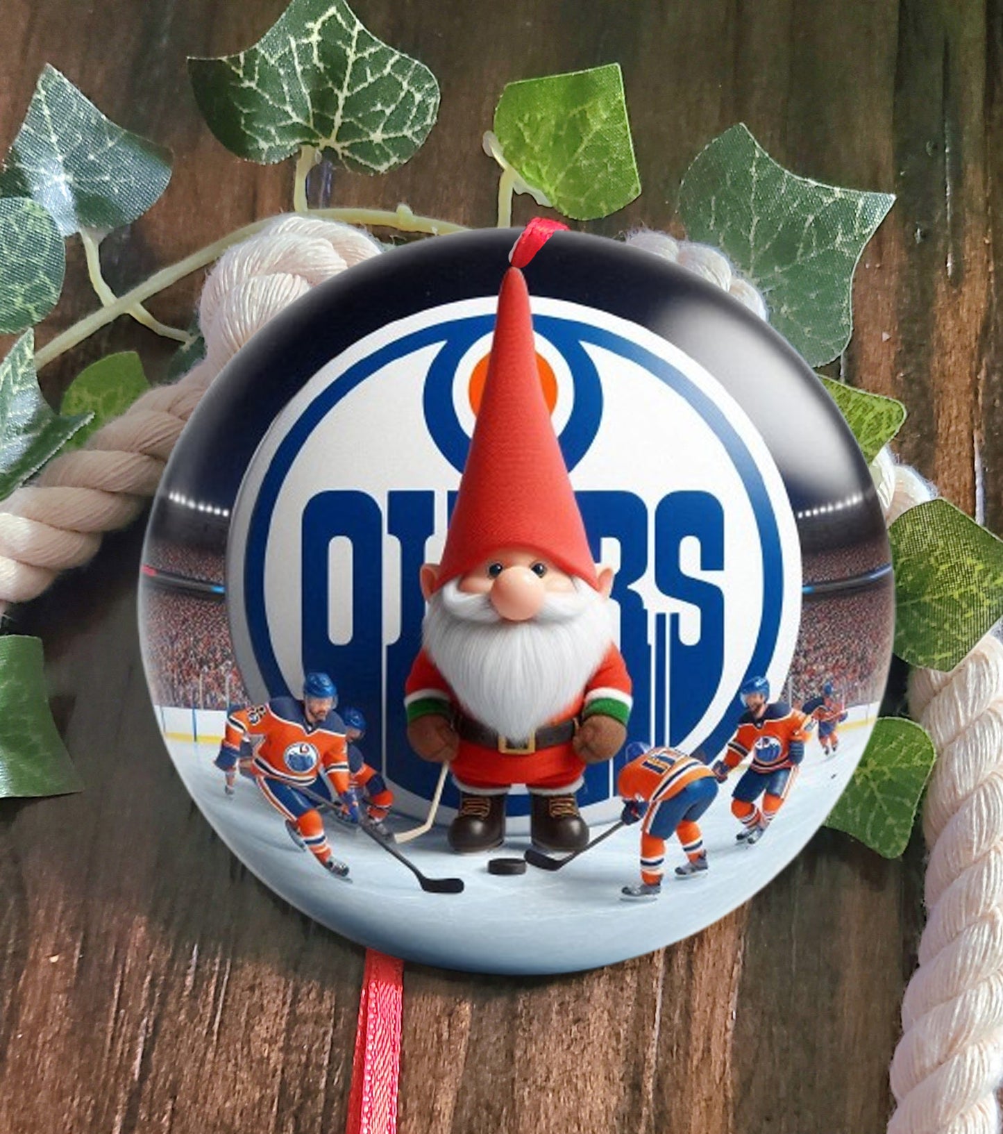 Edmonton Oilers Gnome Santa Tree Ornament