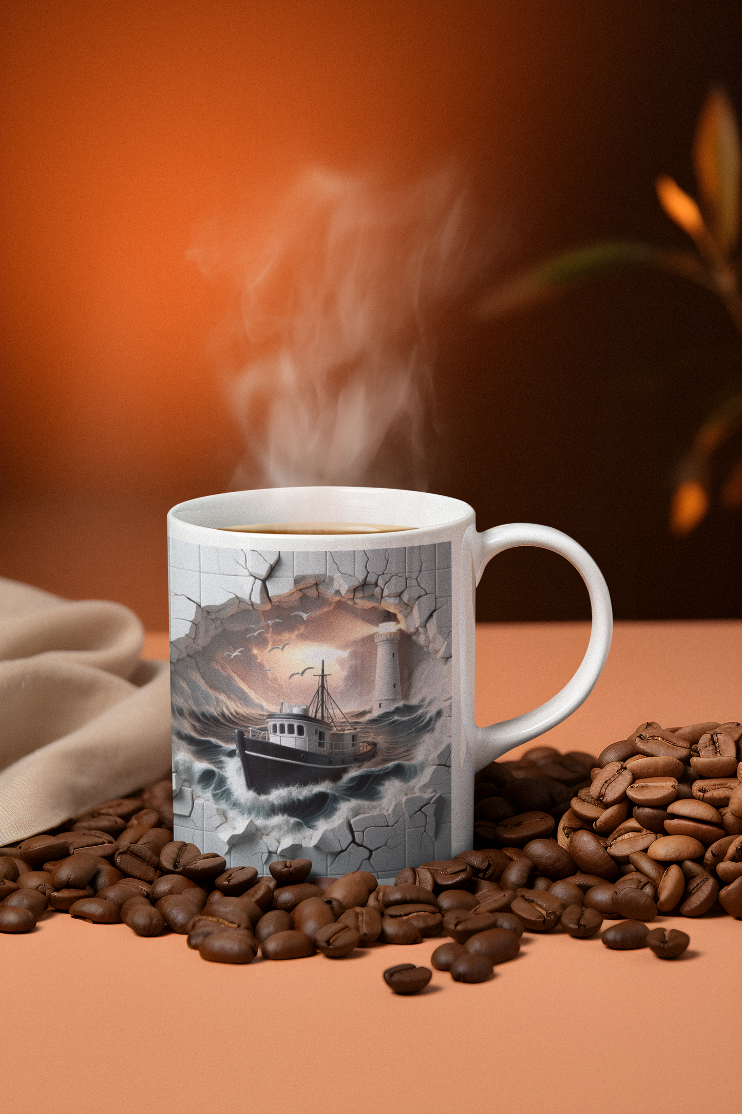 Cracked Ceramic Fishing/Lighthouse Mug