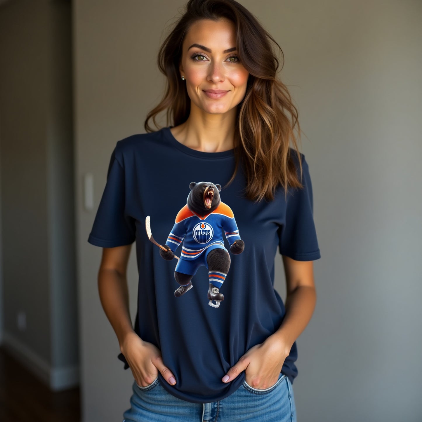 Edmonton Oilers, Ladies, "The Bear In Blue & Orange" T Shirt