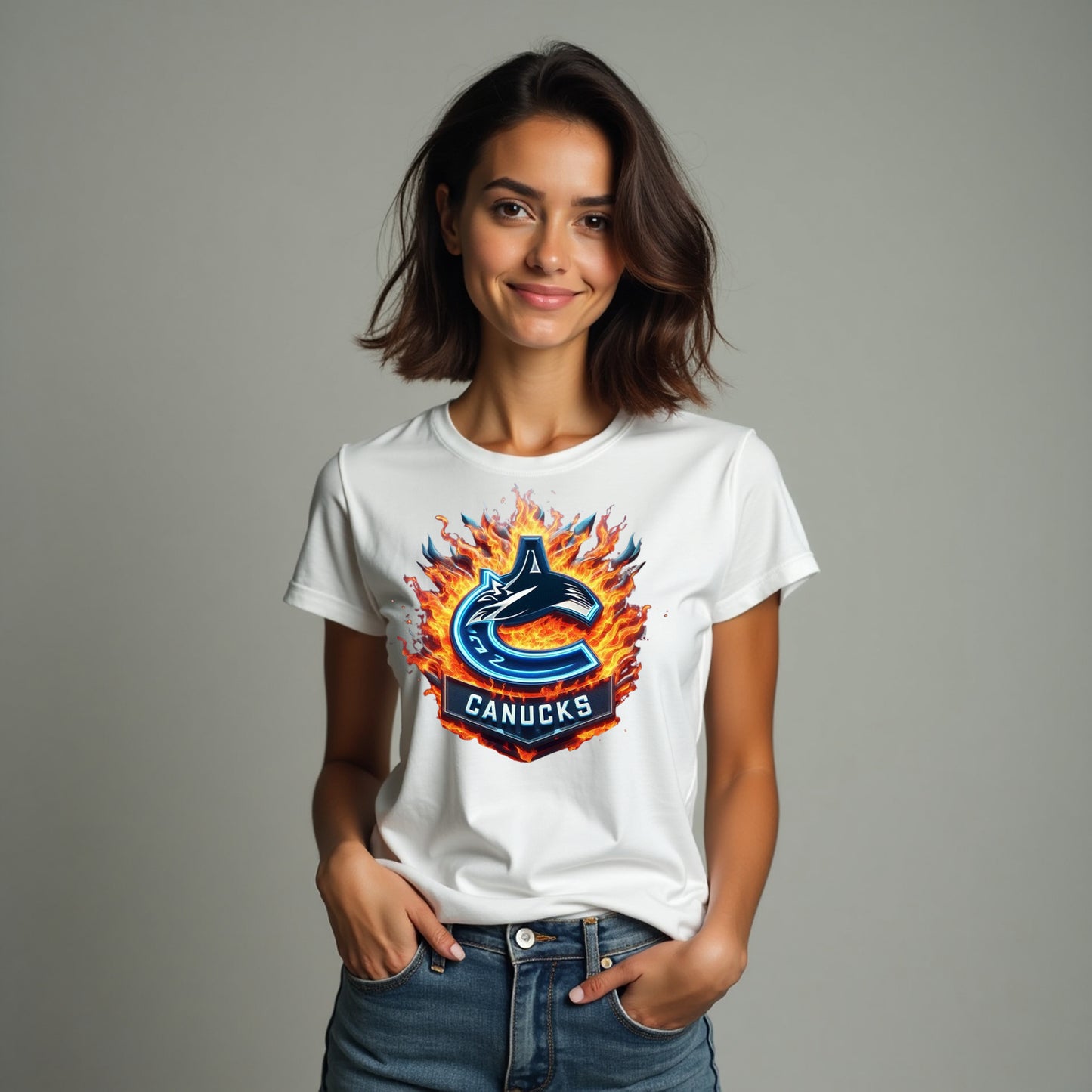 Vancouver Canucks, Ladies, "Pucks & Flames" T Shirt