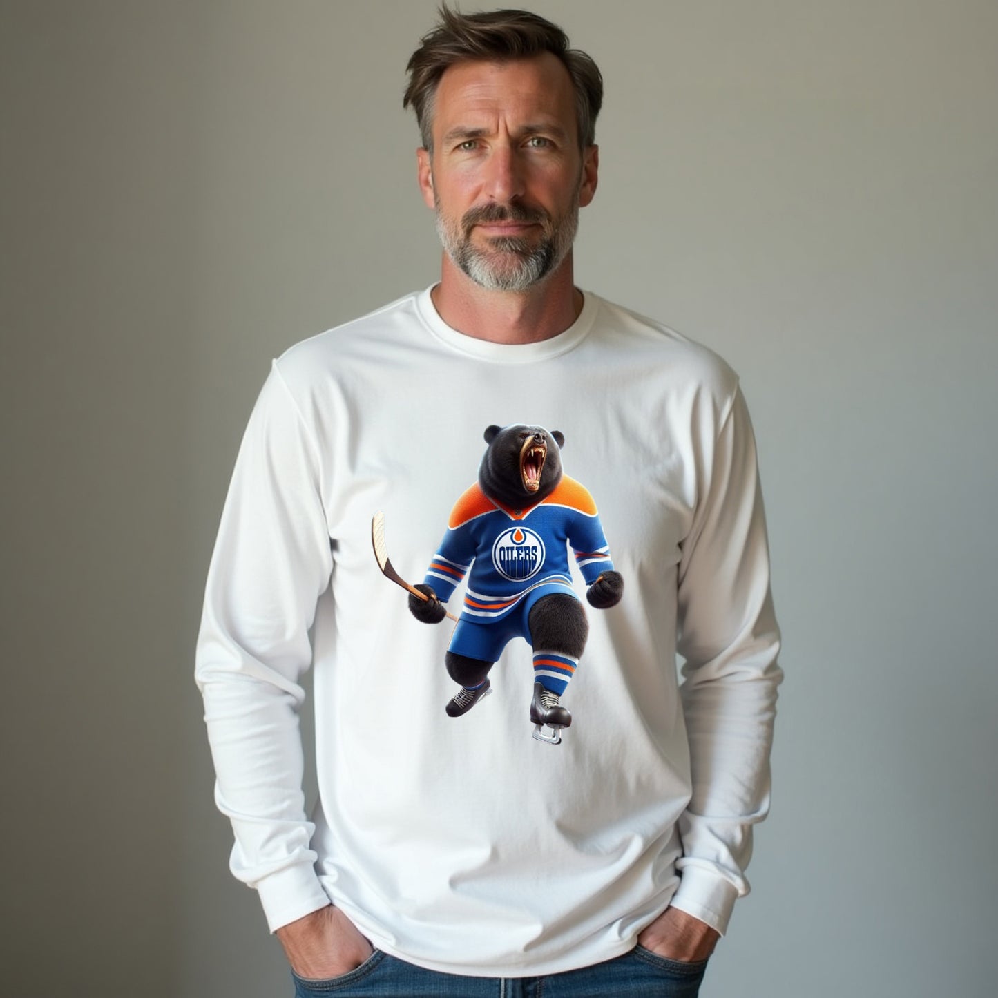 Edmonton Oilers, "The Bear In The Blue & Orange" Long Sleeve T Shirt