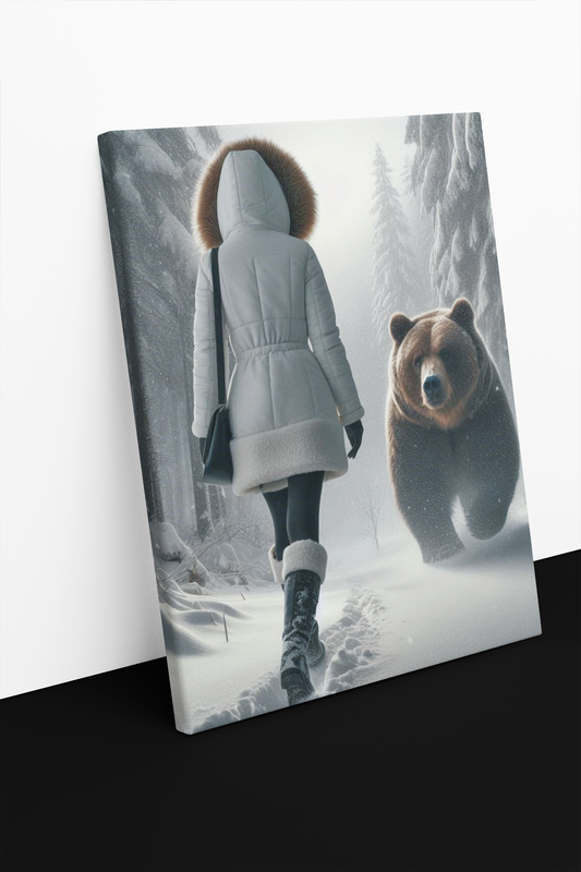 A Woman and a Bear Cross Paths Canvas Print