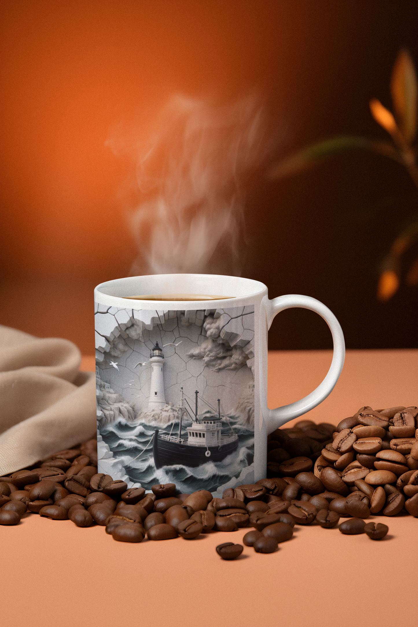 Cracked Ceramic Fishing/Lighthouse Mug