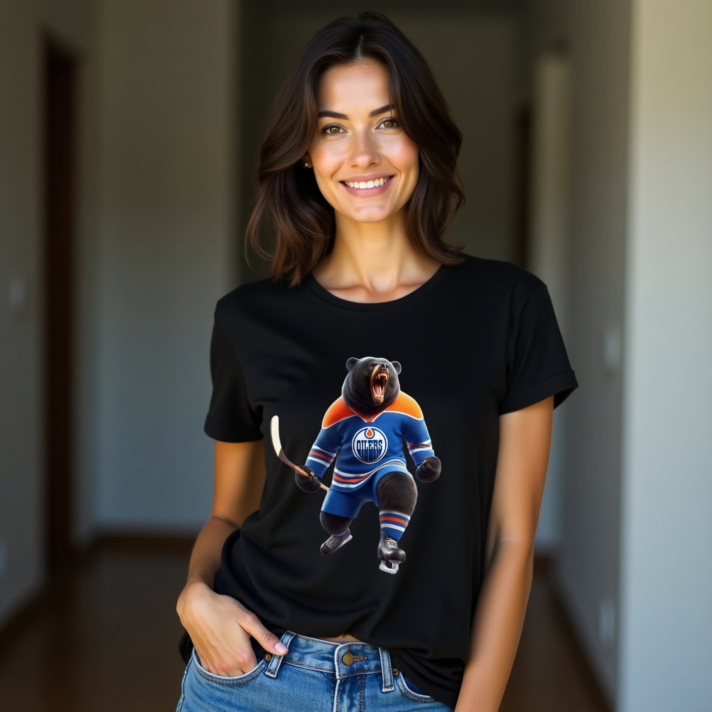 Edmonton Oilers, Ladies, "The Bear In Blue & Orange" T Shirt