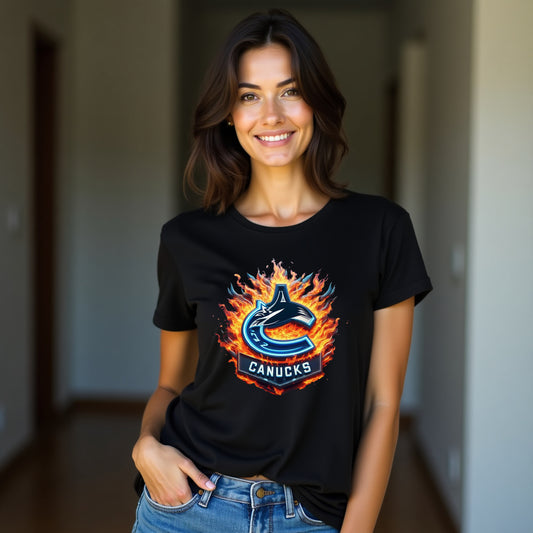 Vancouver Canucks, Ladies, "Pucks & Flames" T Shirt
