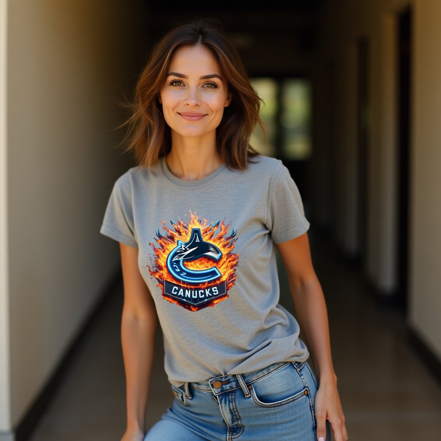 Vancouver Canucks, Ladies, "Pucks & Flames" T Shirt
