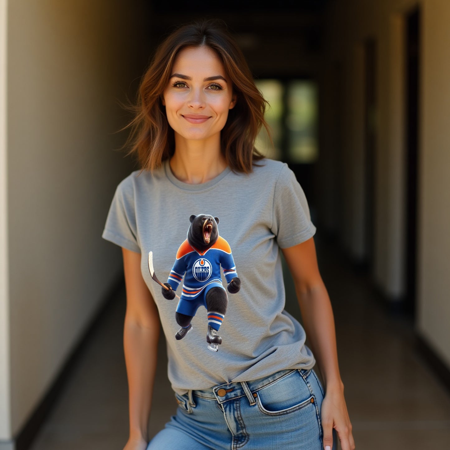 Edmonton Oilers, Ladies, "The Bear In Blue & Orange" T Shirt