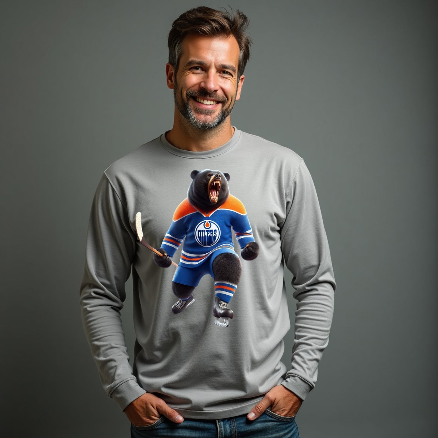 Edmonton Oilers, "The Bear In The Blue & Orange" Long Sleeve T Shirt