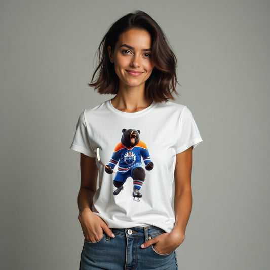 Edmonton Oilers, Ladies, "The Bear In Blue & Orange" T Shirt